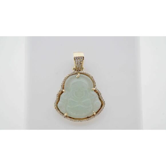 Estate Sale 14k Yellow Gold Jade Buddha Pendant CZ Vintage Style Fine Jewelry
